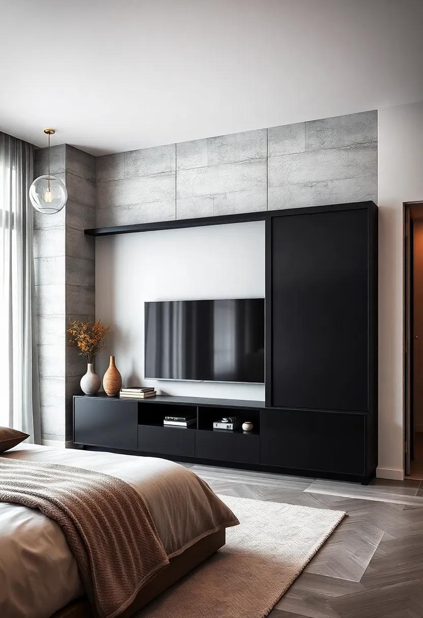 Sleek Black Finish: A dramatic black TV ‍unit with smooth sliding doors for a⁤ sophisticated, ⁢upscale ‌look in your bedroom