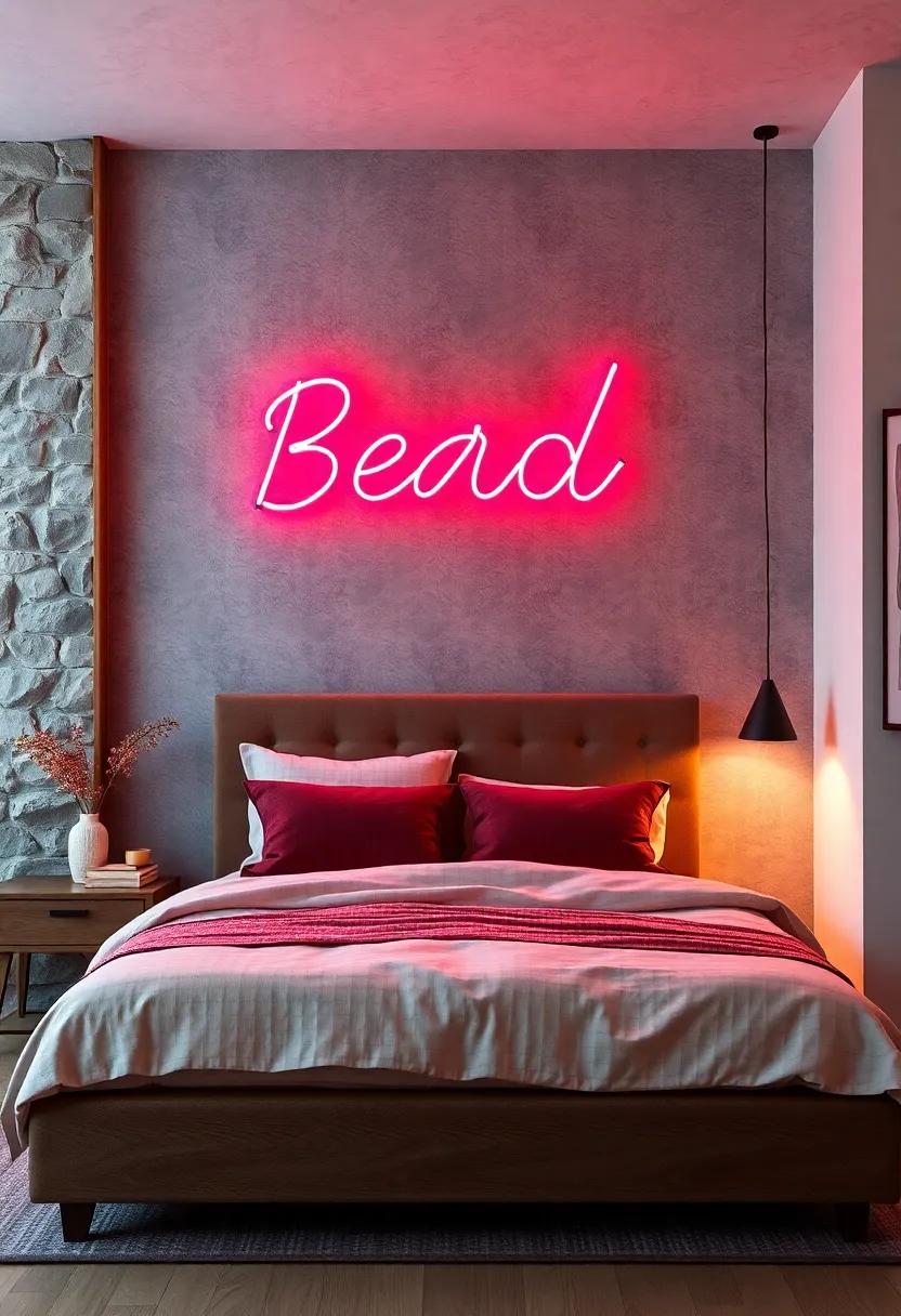 Neon Lights: Brighten your space with neon signs featuring catchy phrases or words in vibrant colors, adding a modern edge