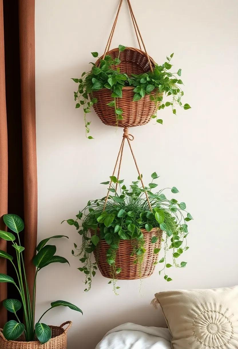 Rustic Hanging ⁢Baskets: Hang wicker baskets filled with cascading plants ⁢to create a‍ charming, rustic appeal above your bed or reading nook