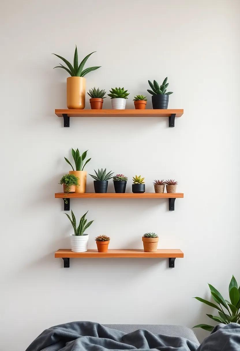 Shelving with Succulents: Install floating shelves ​to display an array of succulents in charming pots, offering a modern twist on plant decor