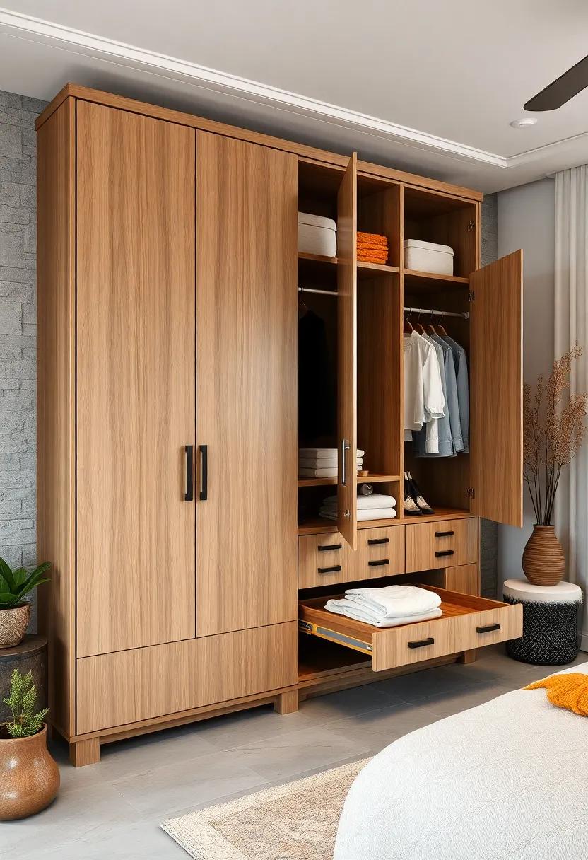 Discover the charm of a vintage-inspired bedroom wardrobe, complete with decorative pull-out racks that blend functionality with nostalgic aesthetics