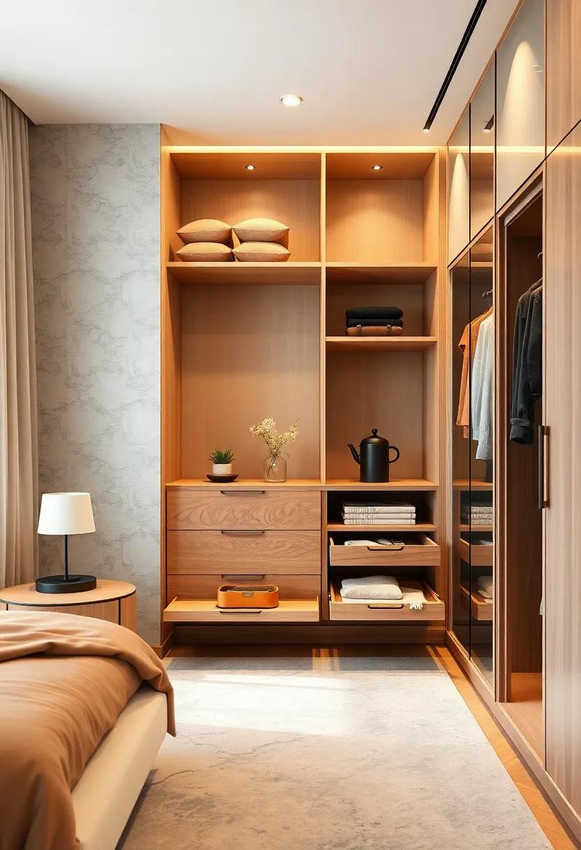 Enjoy a smart wardrobe design enhanced by tech-savvy pull-out racks equipped with storage optimizations, like integrated chargers or Bluetooth speakers