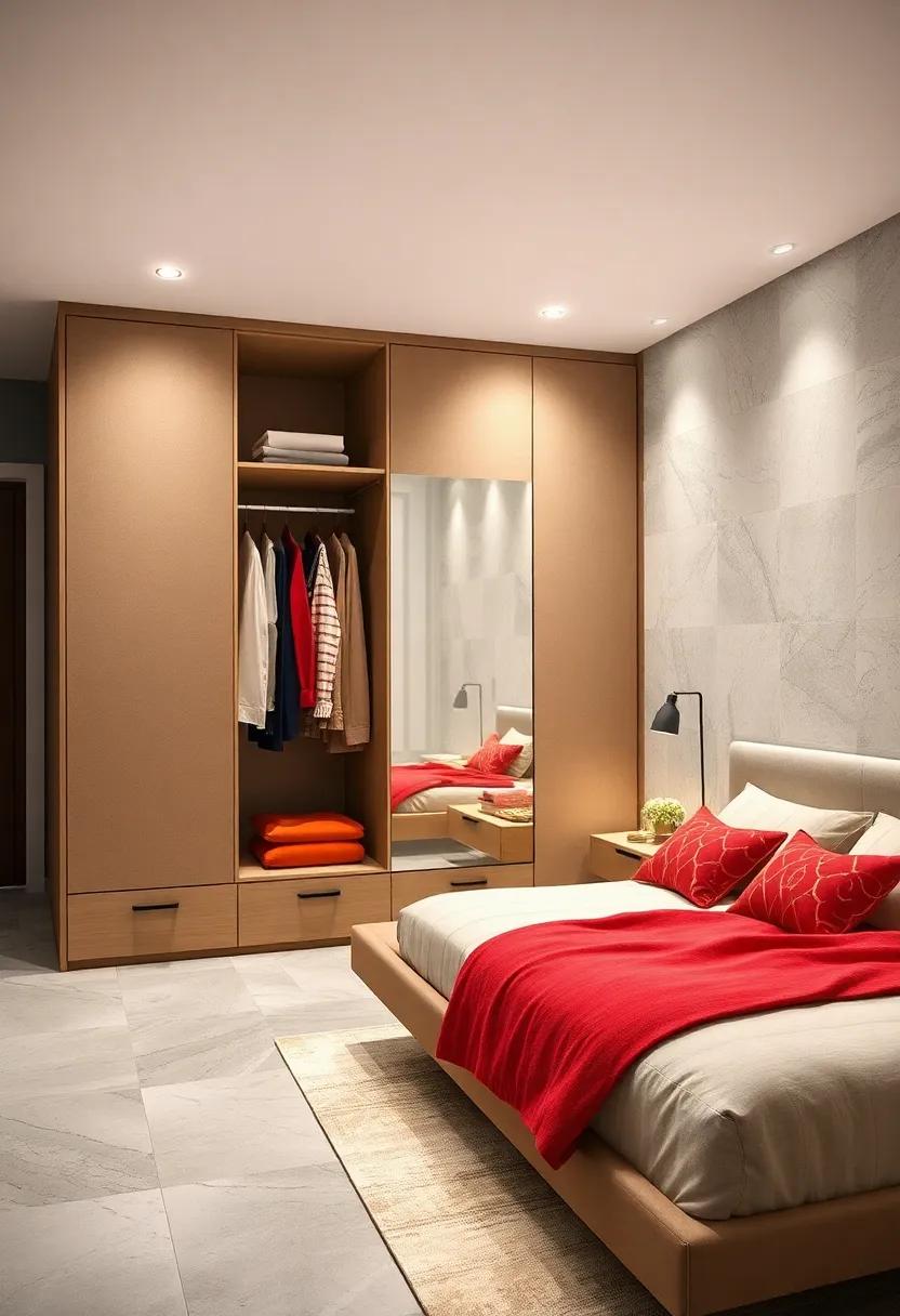 Opt for a floating wardrobe configuration with innovative pull-out racks that create an illusion of space and serve as a contemporary design statement