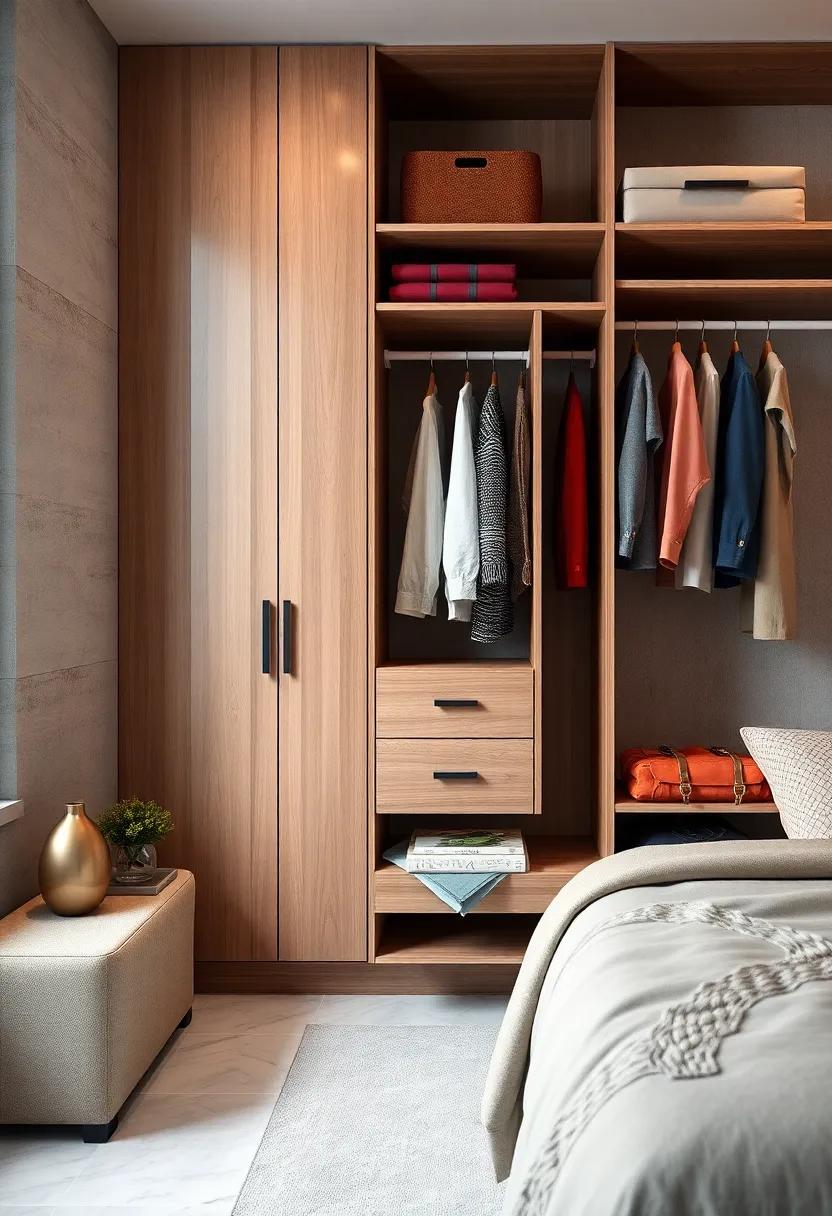 Play with geometric designs in your wardrobe​ featuring multi-level pull-out racks, adding a modern twist while providing ​ample organization options