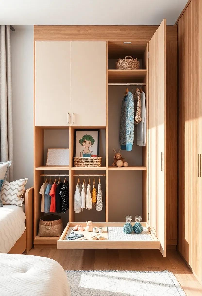 revamp your children's bedroom with a playful wardrobe design featuring child-friendly pull-out racks, making it fun for them to organize their clothes