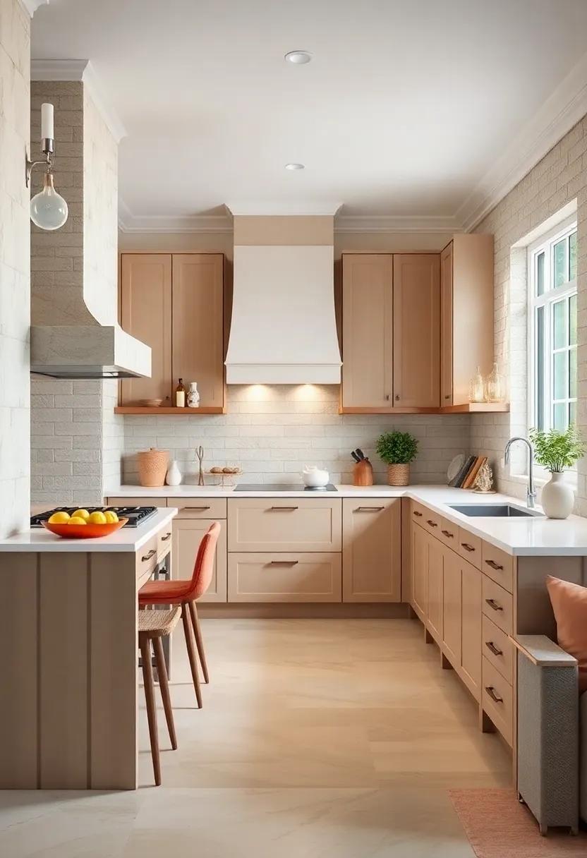 Artistic Wall treatments: Consider unique wall treatments, like wainscoting or shiplap, to provide visual interest alongside beige cabinets