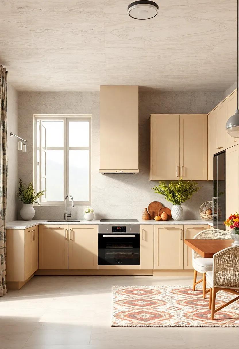Bold Patterns: contrast simple beige cabinets with bold patterned curtains or rugs to create an eye-catching arrangement in your kitchen