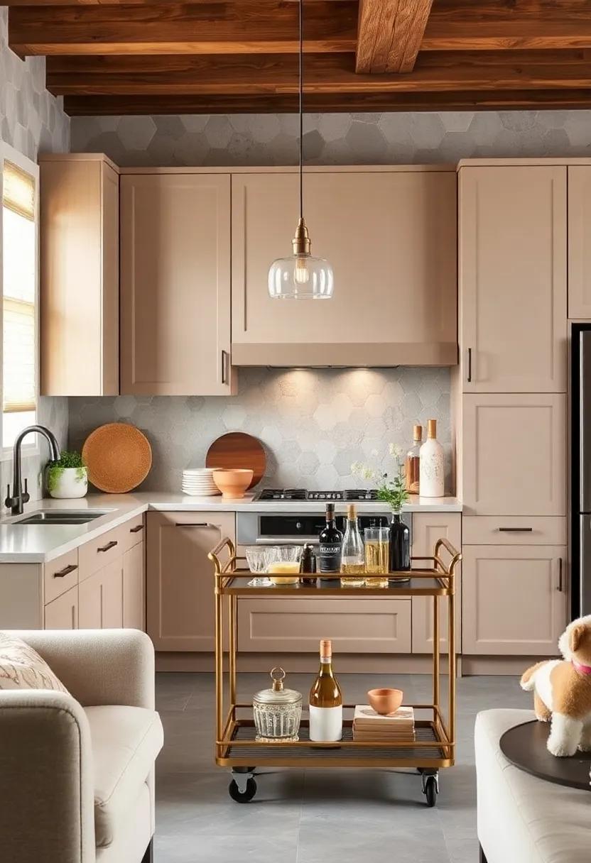 Chic Bar Cart: Incorporate a chic bar cart or beverage station in your kitchen to create a stylish and functional entertaining area