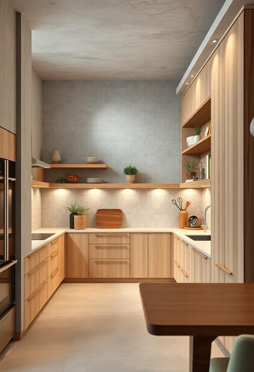 Natural Wood Accents: incorporate natural wood elements, like open shelves or a rustic dining table, to enhance warmth against beige cabinetry