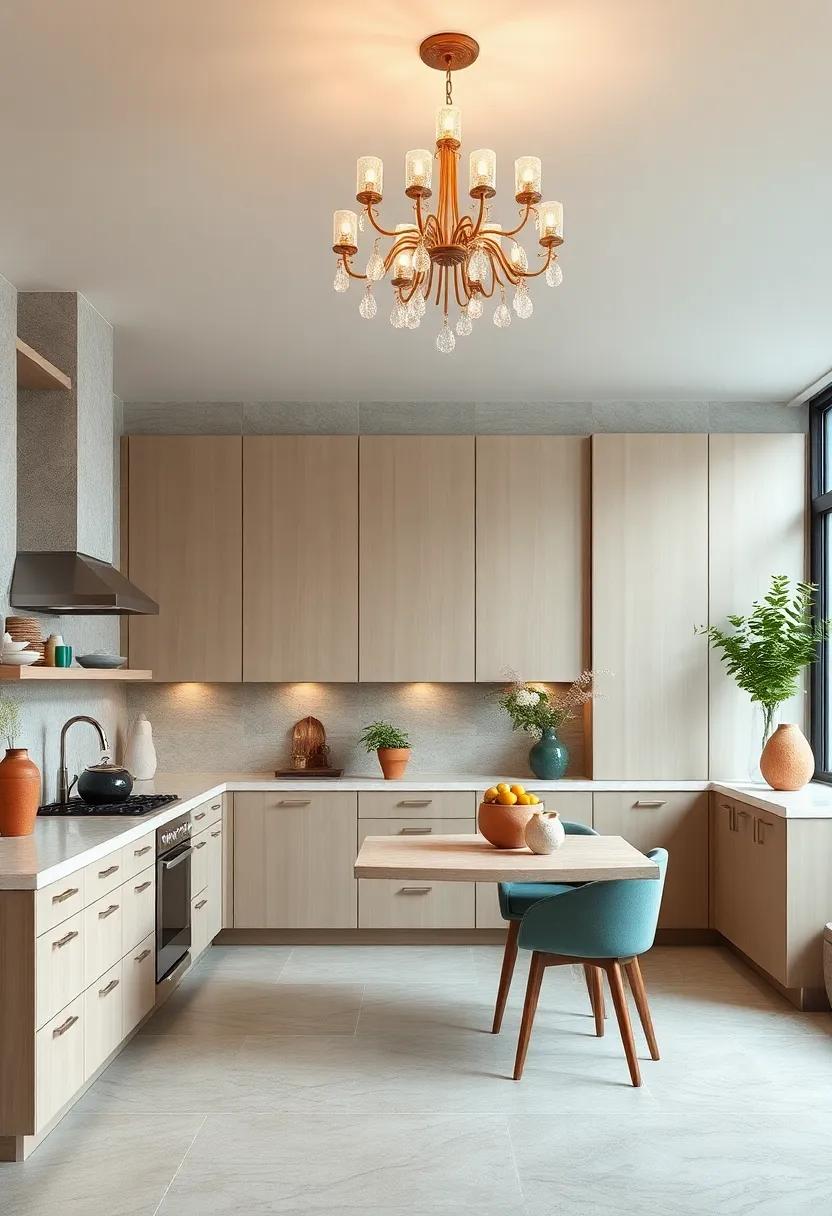 Statement Lighting: Invest in a statement chandelier or artistic light fixture that draws attention and enhances the elegance of beige cabinets