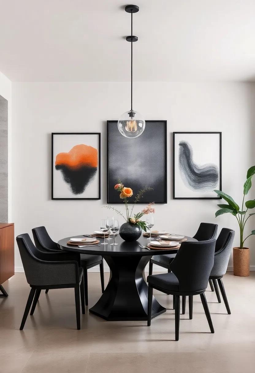 Artistic Wall Hangings: Select striking wall art that complements your dining space, with black frames to create a cohesive look that's visually stimulating