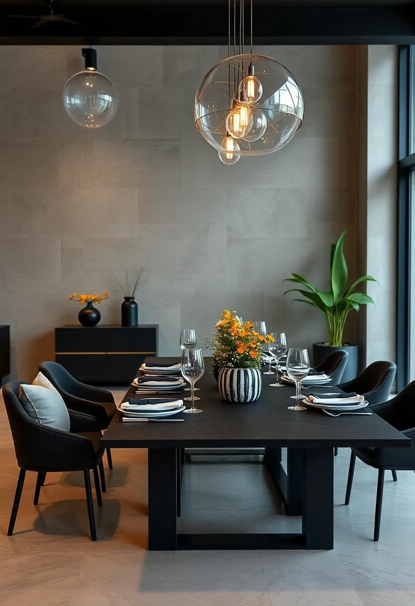 Candlelit Evenings: Make evening dinners special by lighting an array of black taper candles in varied heights, casting a soft glow that enhances intimacy