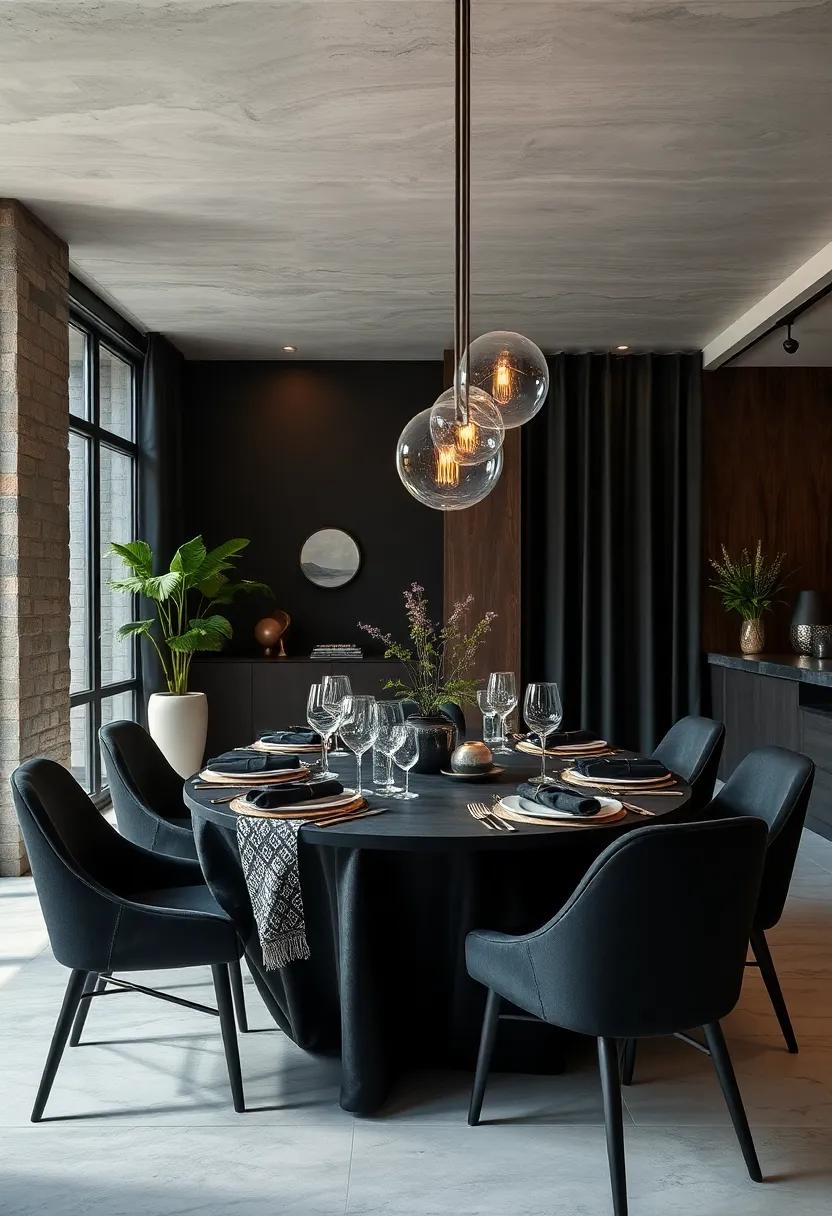 Bold Fabrics: Use bold, patterned black fabrics for tablecloths or napkins to create an eye-catching focal point that draws attention to your dining area