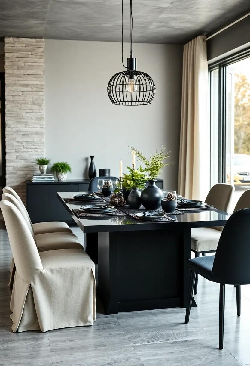 Seasonal decor: Adjust your table decor seasonally using natural elements like pinecones, leaves, or flowers, maintaining a black theme for continuity