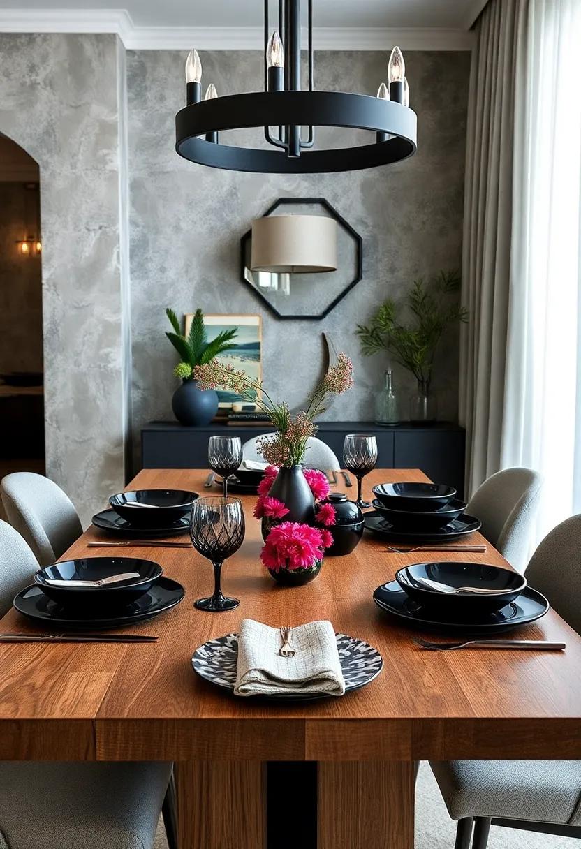 Statement Plates: Choose striking black dinnerware with unique patterns or gloss finishes that will elevate your table setting and impress your guests