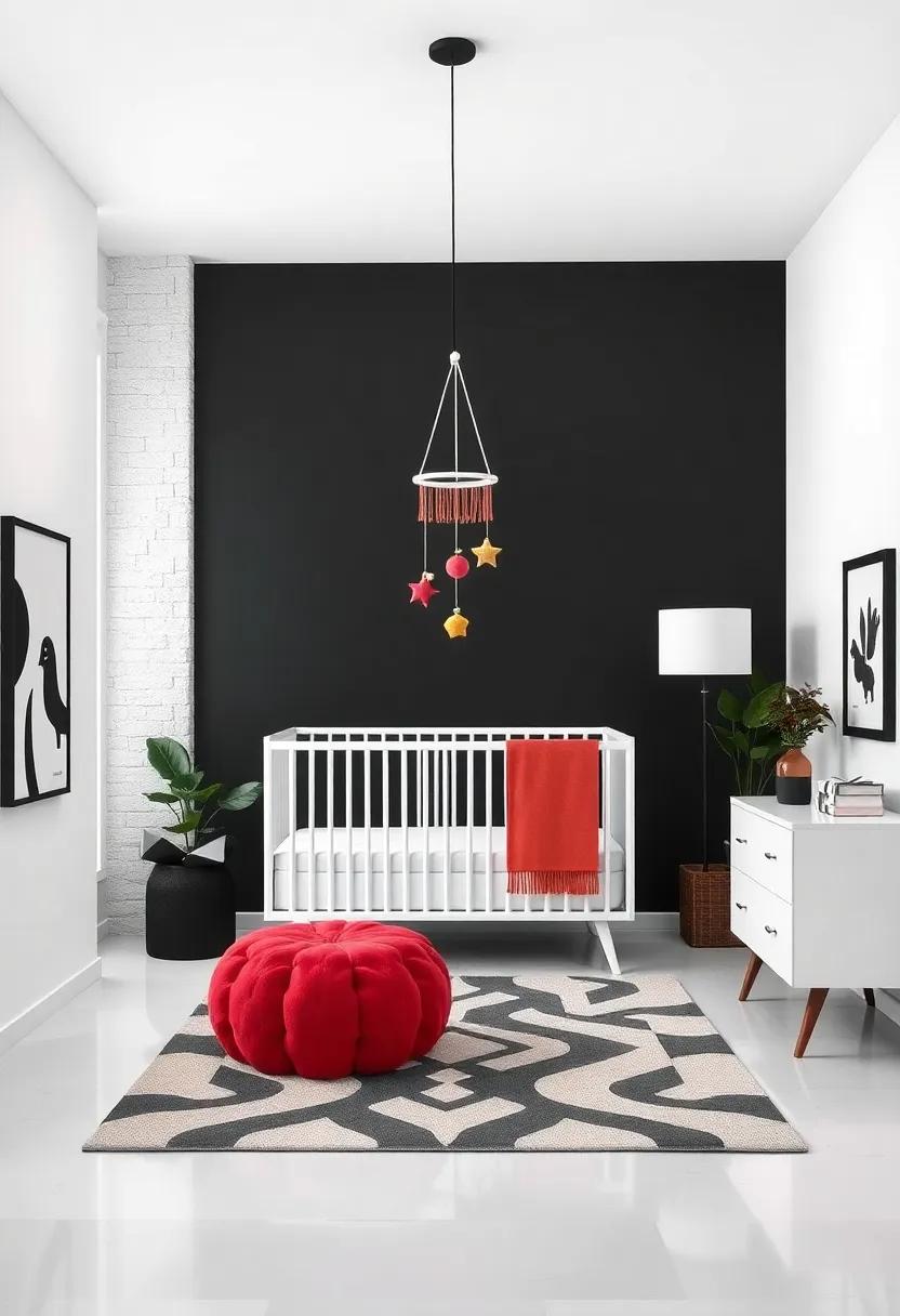 Bold Accents: Use pops of color sparingly to punch up the monochromatic palette, drawing attention to specific decor pieces like a vibrant mobile