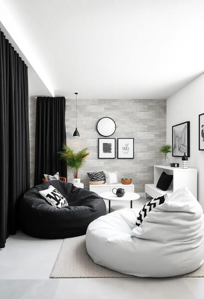 daydreaming Corner: Design a cozy reading nook with black and white bean bags and accent pillows to encourage your child’s love for storytime
