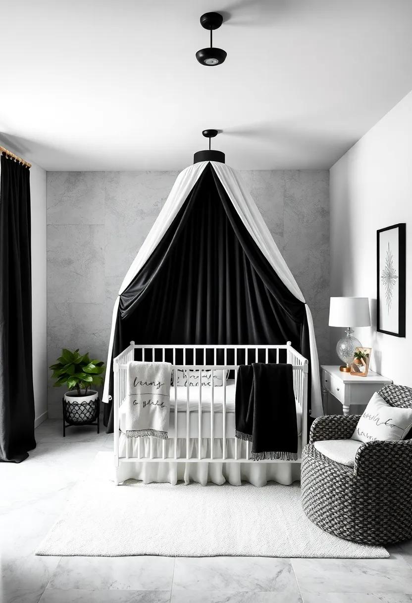 Dreamy Canopy: Create an enchanting sleeping nook with a black and white fabric canopy draped over a cozy crib, adding a touch of magic to bedtime