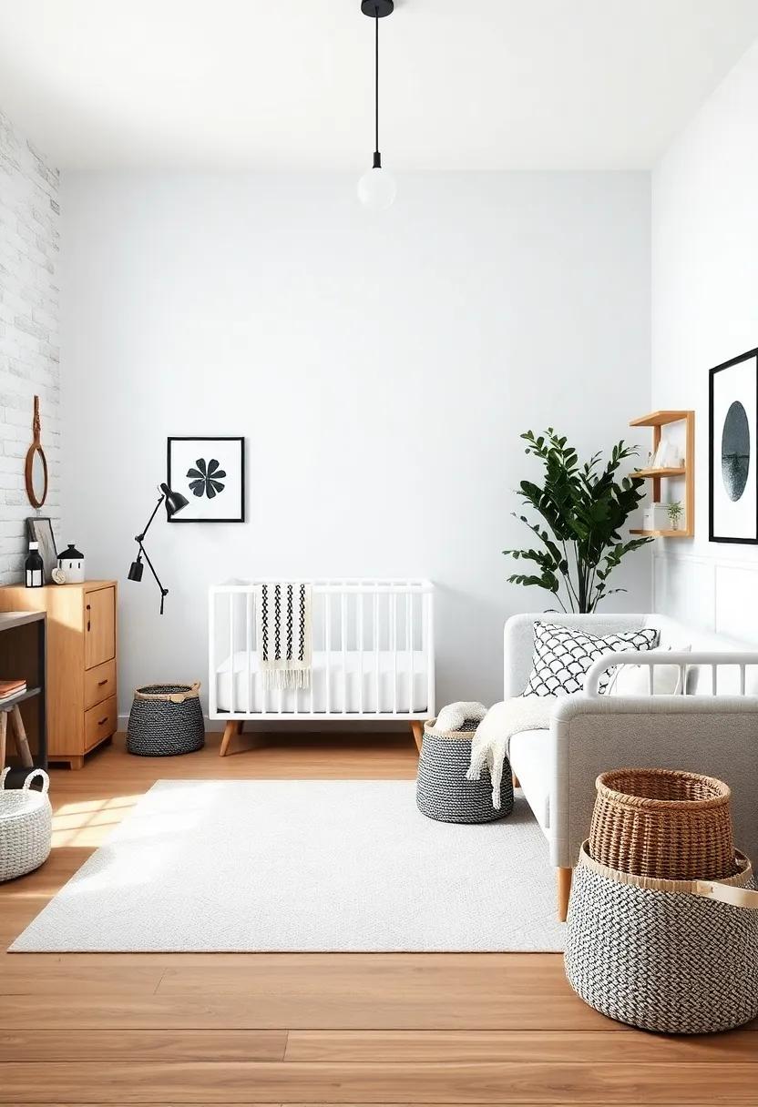 Functional Storage: Incorporate stylish black and white storage solutions like baskets and bins, ensuring the nursery remains organized yet visually appealing
