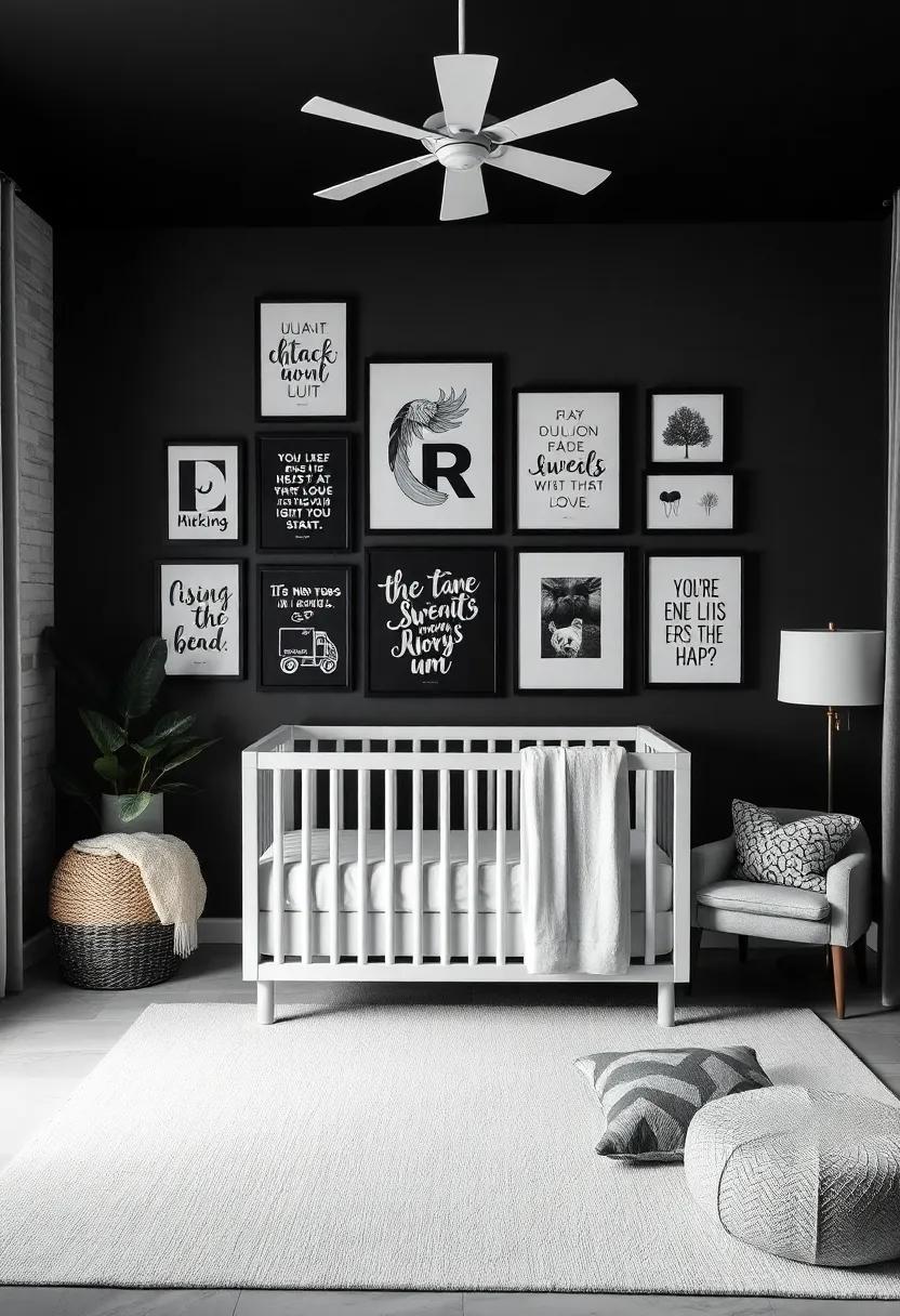 Gallery wall: Curate a collection of black and white art pieces, family photos, and meaningful quotes to tell your unique story right from the start