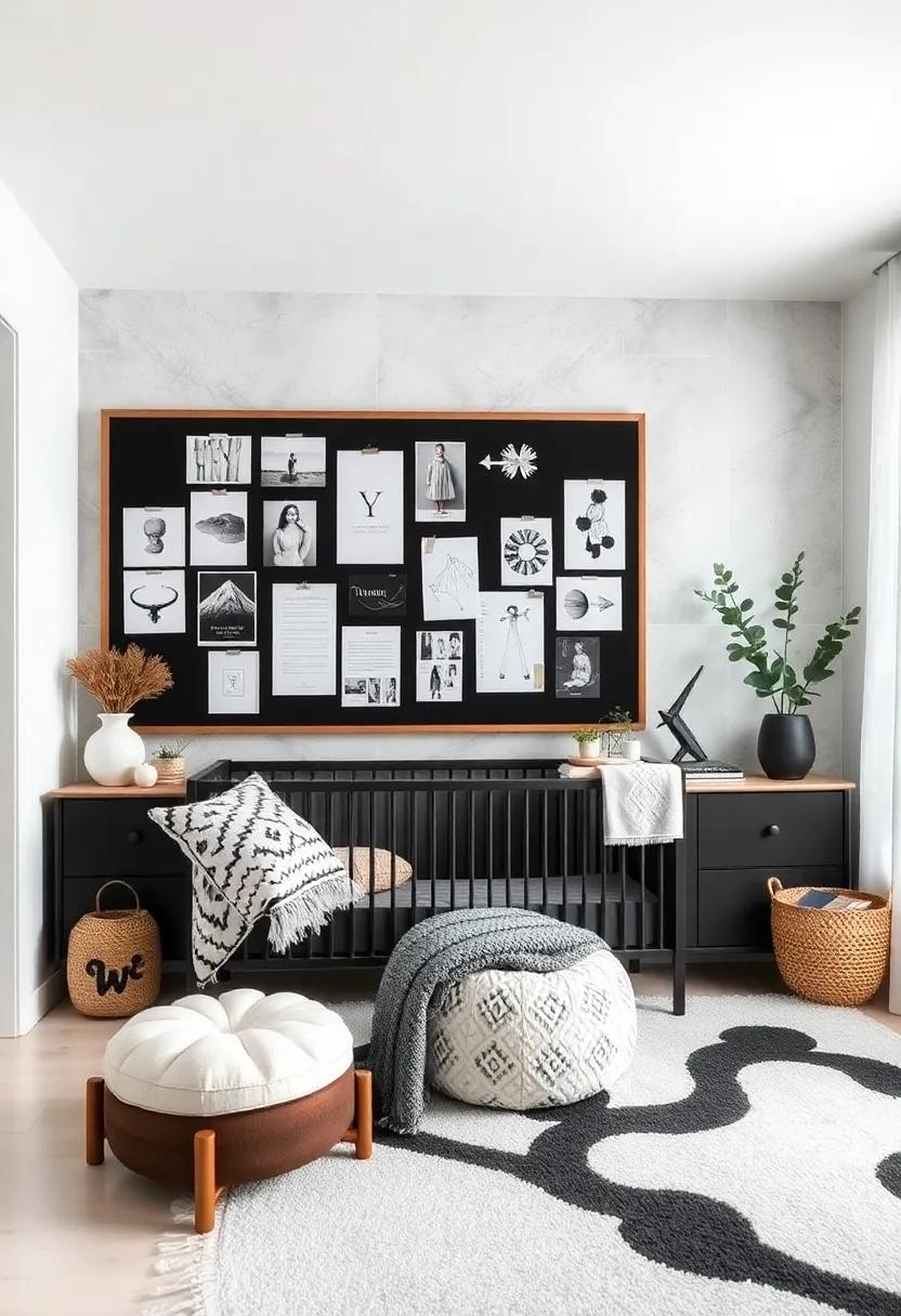 Memory Board: Designate a space for pinning up milestones, artwork, and memories on a trendy black and white bulletin board, making it a dynamic part of the decor