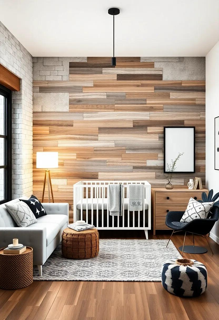 Modern Rustic: Combine rustic wood elements with sleek black and white accents for a trendy, farmhouse-inspired nursery that feels both warm and chic
