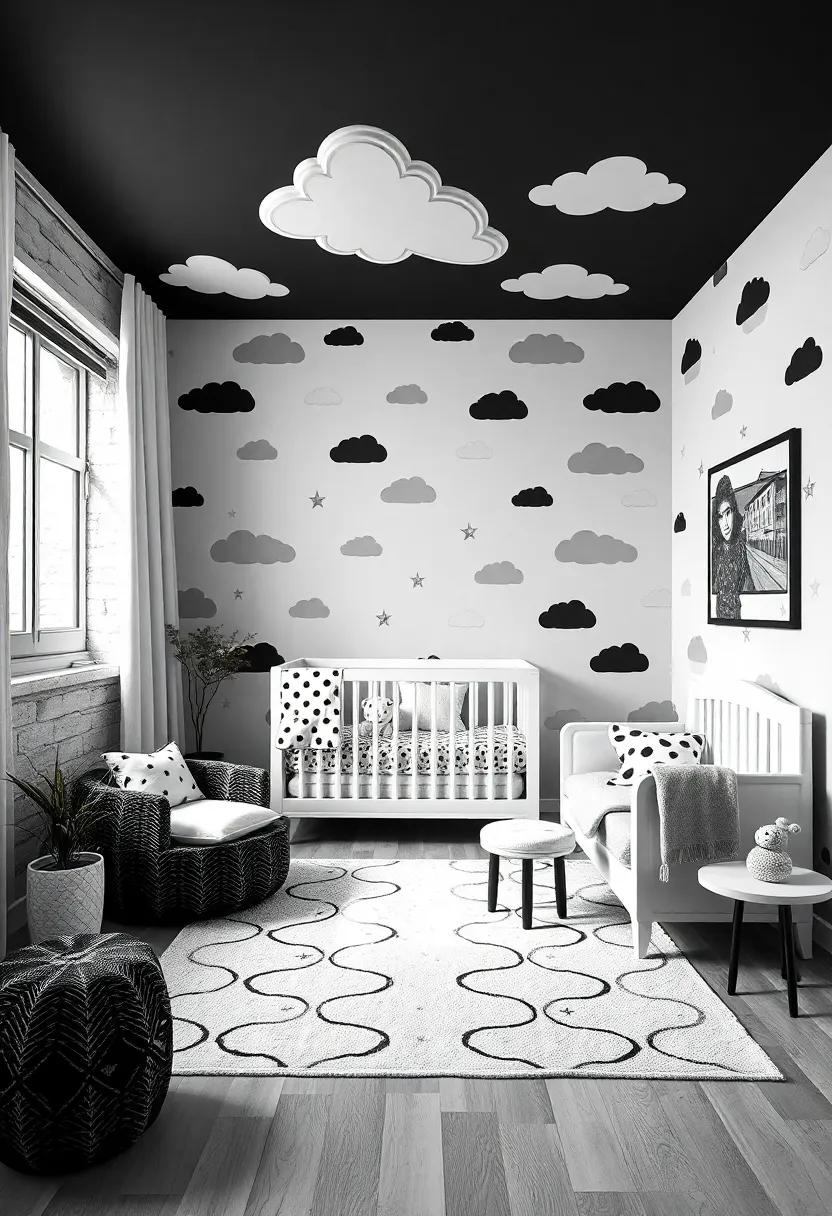 Monochrome Wonderland: Create a whimsical atmosphere with playful patterns, featuring black and white clouds and star decals that bring the sky indoors