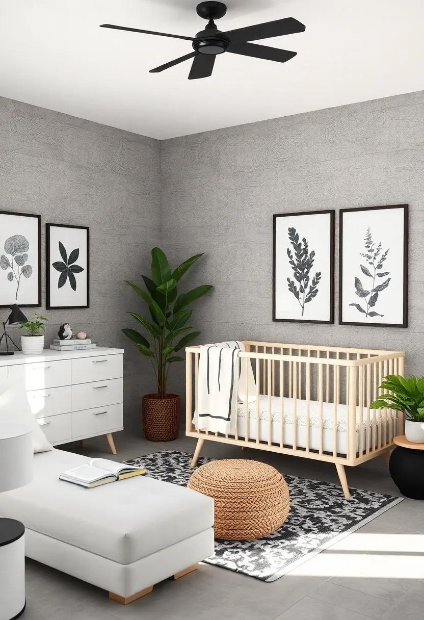 Nature-Inspired: Dress the room with black and white botanical prints and delicate leaf accents, creating a serene and organic environment for your little one