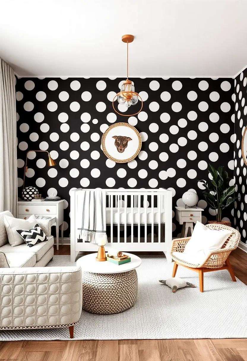 Polka Dot Paradise: Infuse fun into your nursery by incorporating oversized polka dot wallpaper and matching accessories, perfect for sparking curiosity