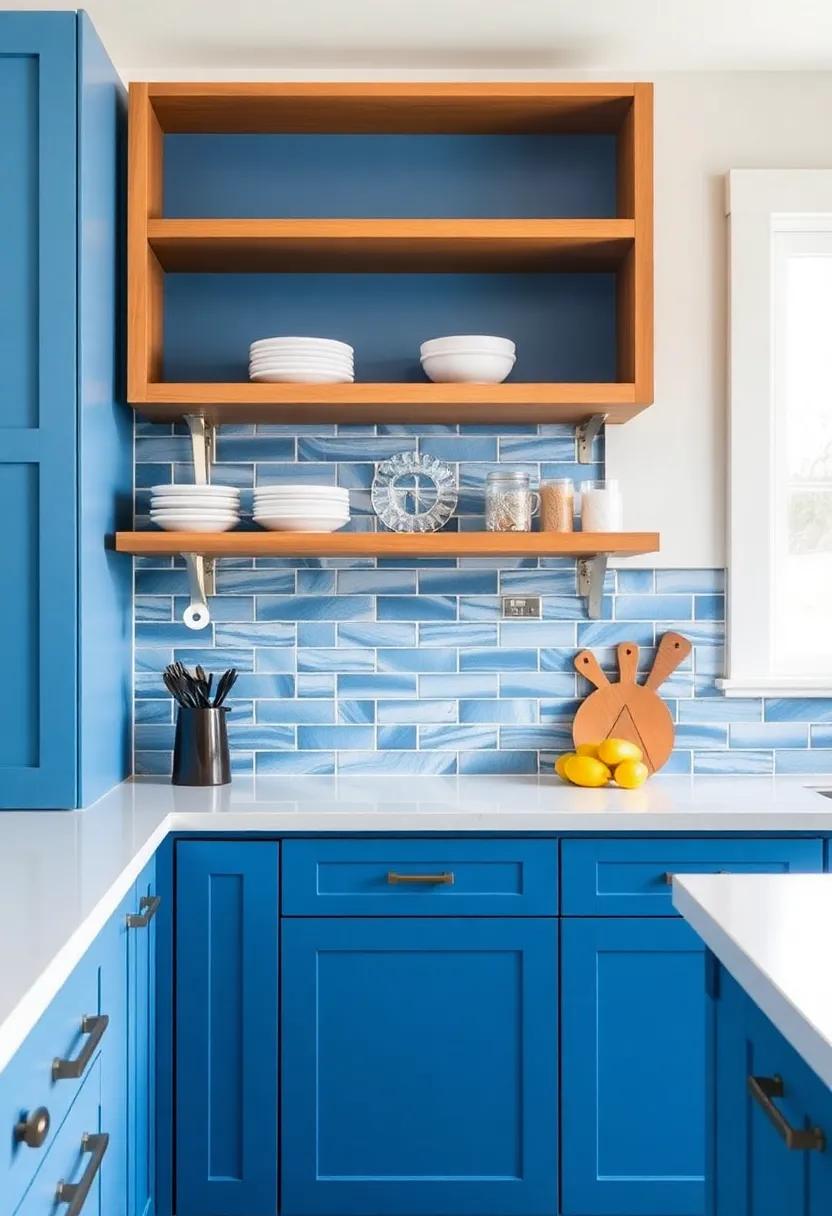 Open Shelving Ideas: Showcasing Backsplashes Behind Blue Cabinets