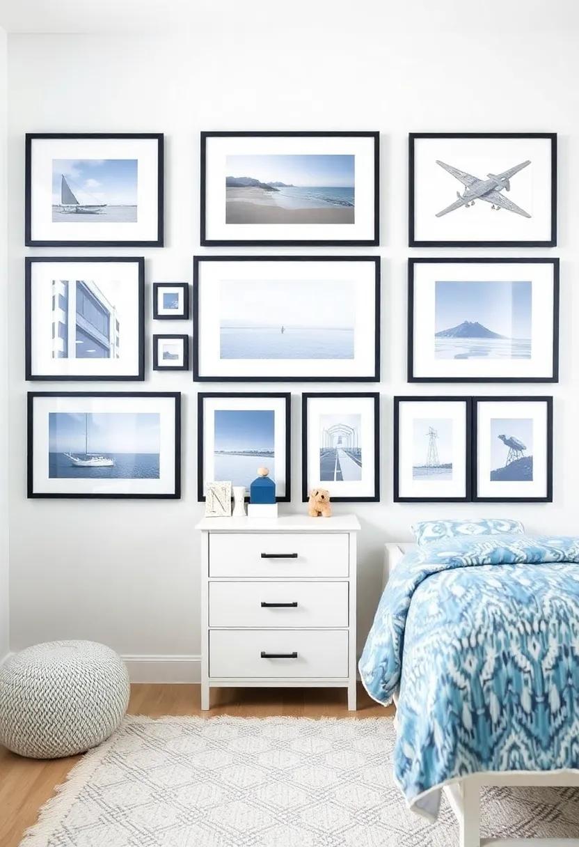 Add a Gallery Wall: Mix framed photos and art pieces in a curated gallery wall design, using blue and white frames for cohesiveness