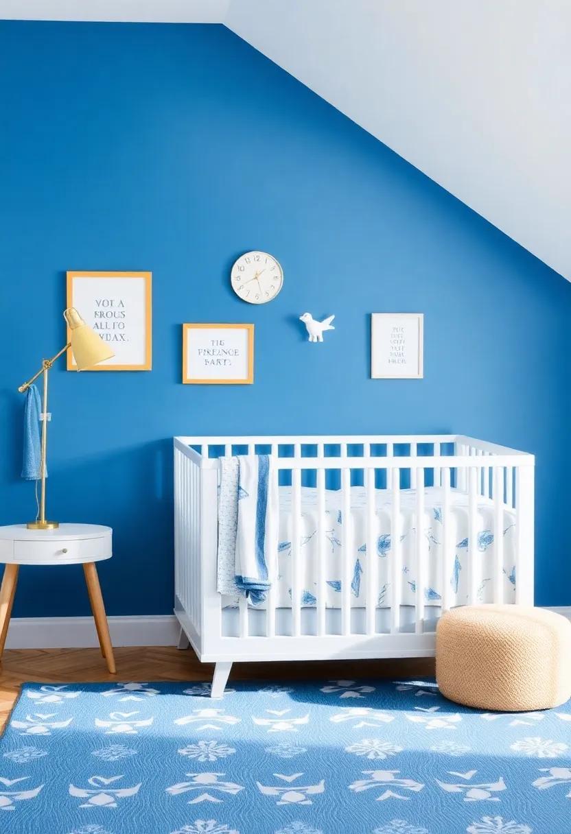 Choose Playful Rugs: Opt for area rugs with blue patterns or motifs that reflect the nursery’s theme and soften the play area