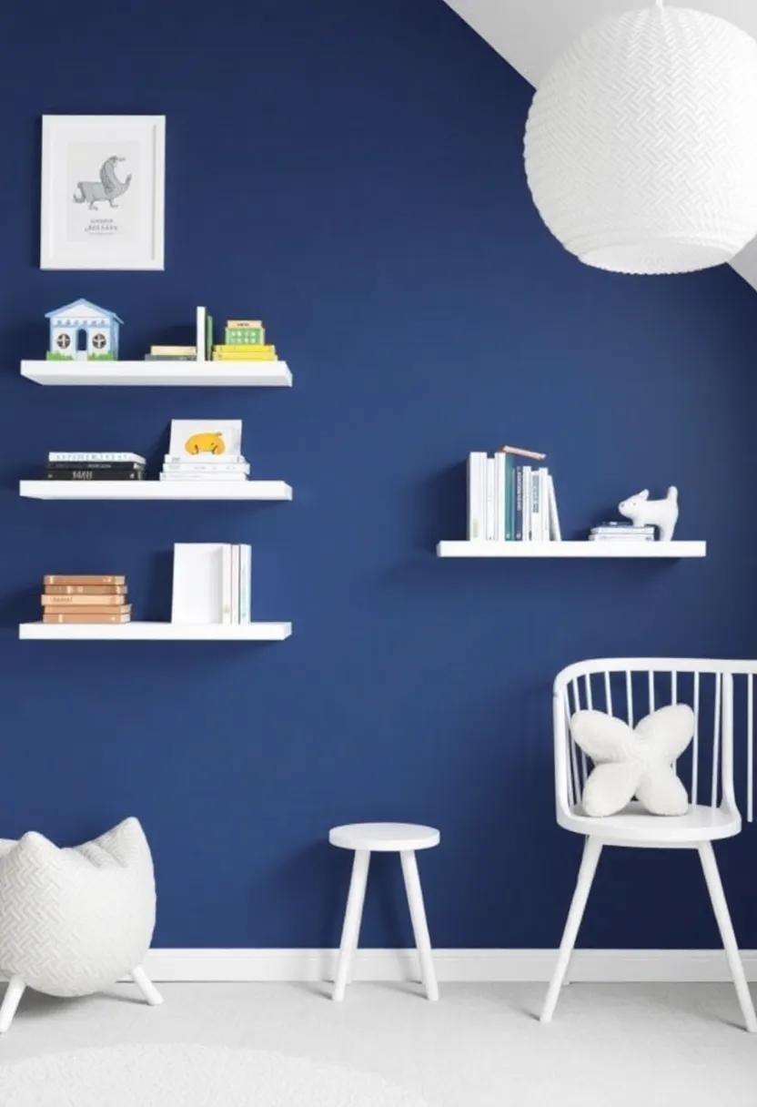 Create a Feature Wall: Paint one wall navy blue and adorn it with white shelves for books and toys,turning it into a functional centerpiece