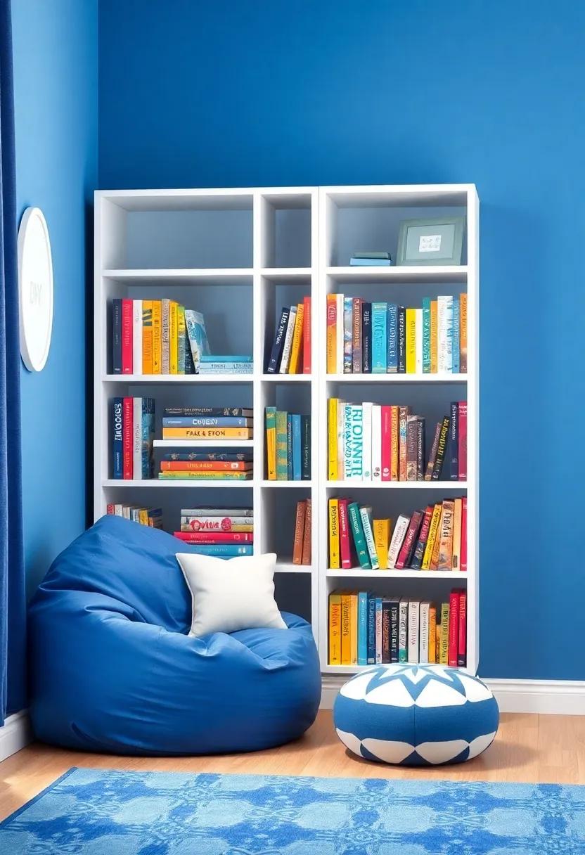 Create a Reading nook: Design a cozy corner with a blue bean bag chair and a white bookcase loaded with colorful children’s books