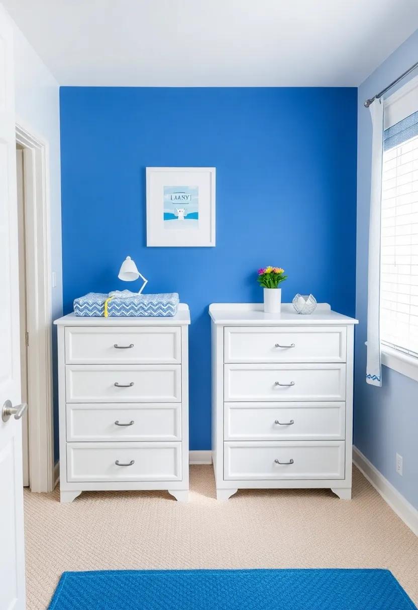 Design functional Diaper Stations: Use white dressers topped with blue changing mats for a stylish yet practical changing area