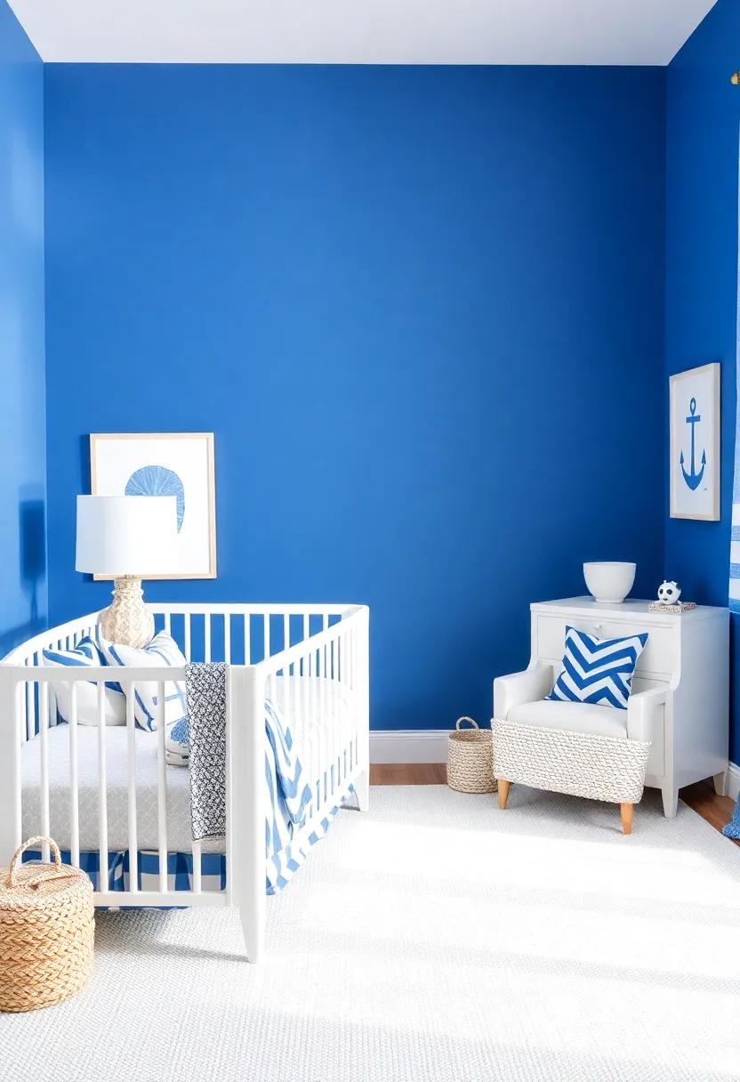 Embrace Nautical Themes: Incorporate stripes and anchors for an ocean-inspired atmosphere in your blue and white nursery