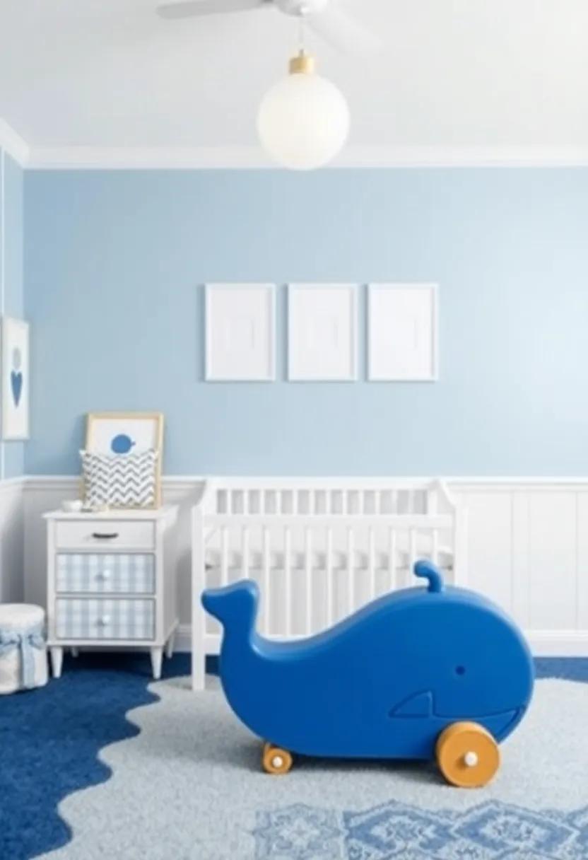 End with a Touch of whimsy: Incorporate fun shapes or playful items, such as a blue toy chest shaped like a whale, to inspire joy and imagination