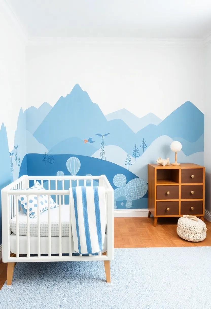 Feature Scenic murals: Consider a painted mural of a whimsical landscape in soft blue tones to foster imagination and wonder