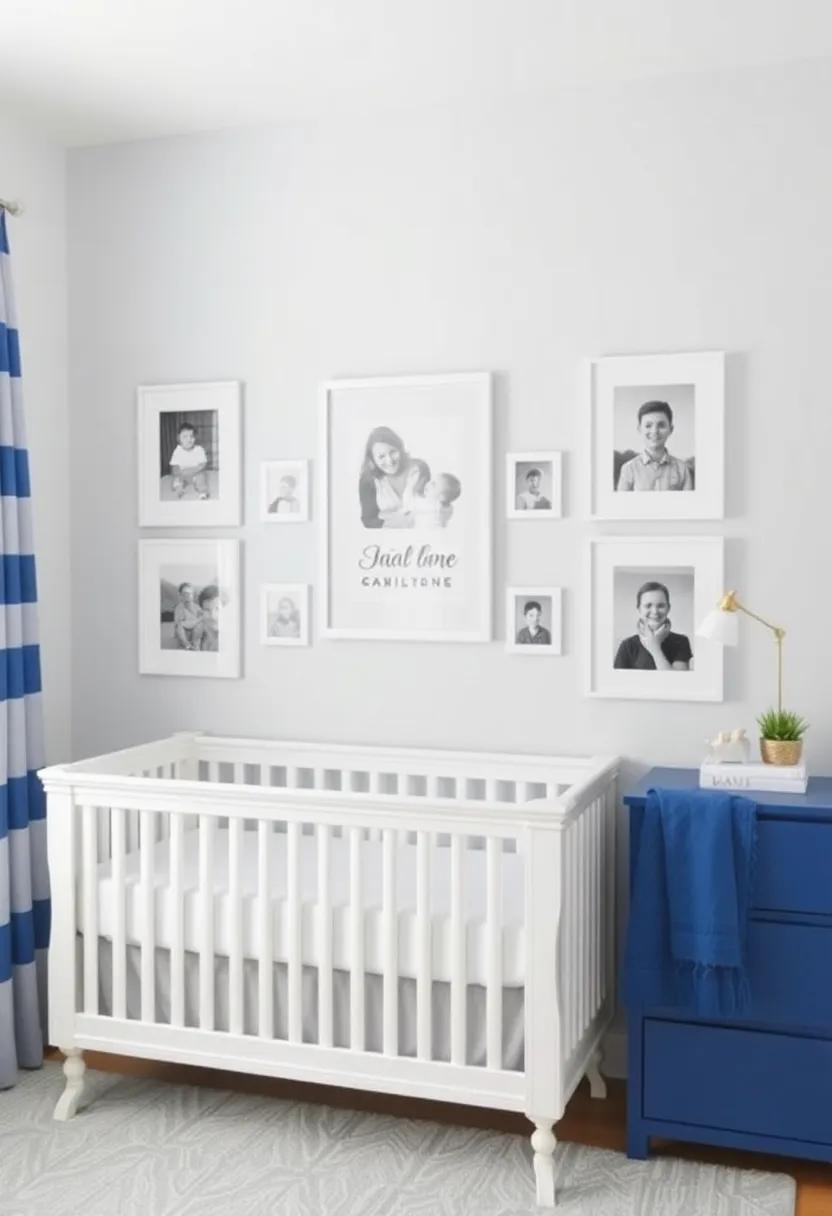 Include a Gallery of Family photos: Frame family memories in blue and white frames to instill a sense of belonging and love in the nursery