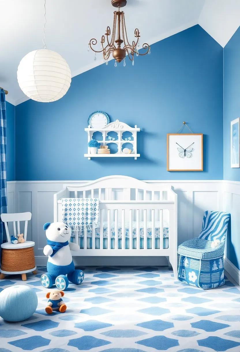 Incorporate Vintage Elements: Use vintage blue and white toys or decor accents to give the nursery a charming and timeless feel