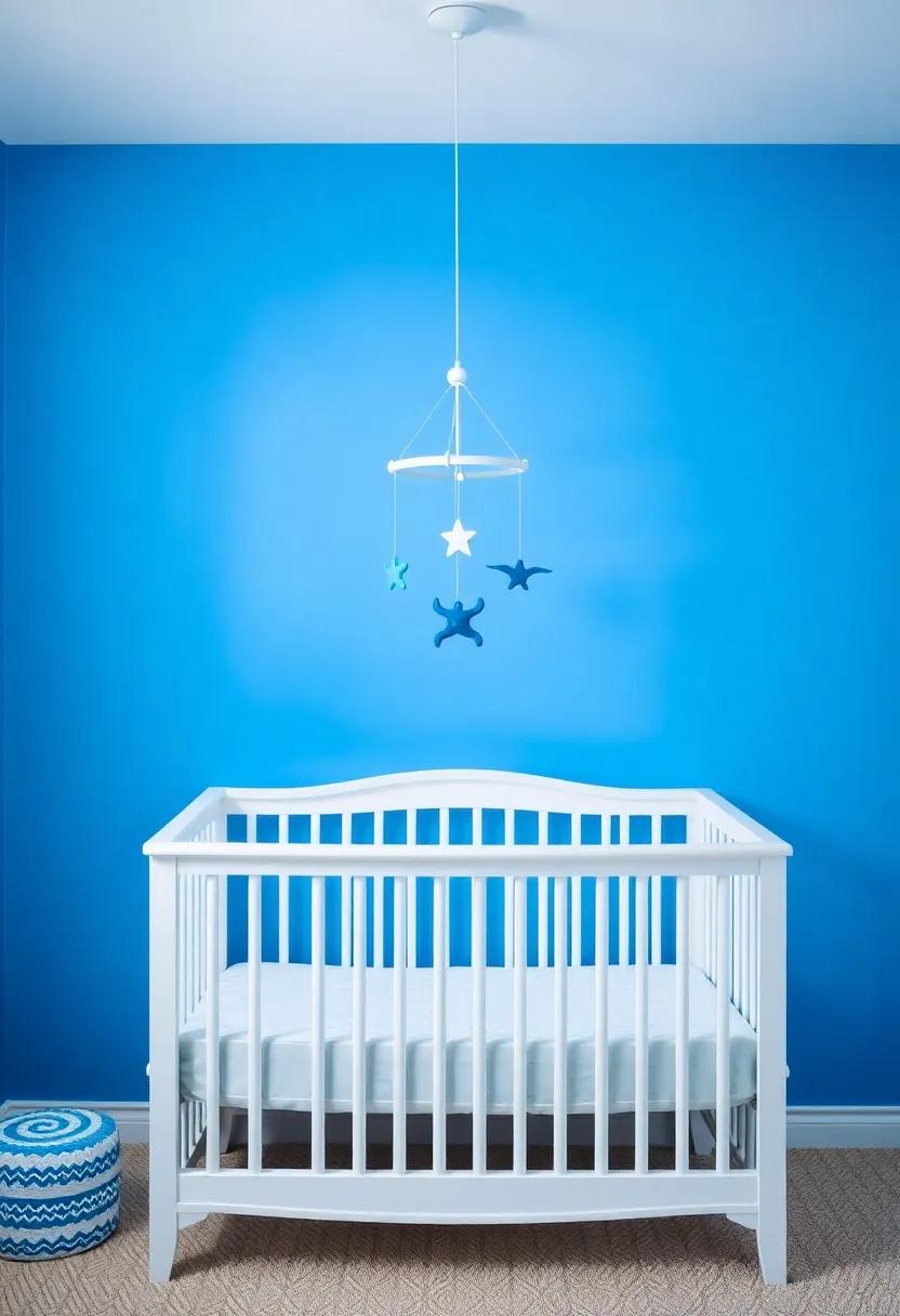 Install a Fun Mobile: Hang a blue and white mobile above the crib to create visual interest and capture the baby's gaze