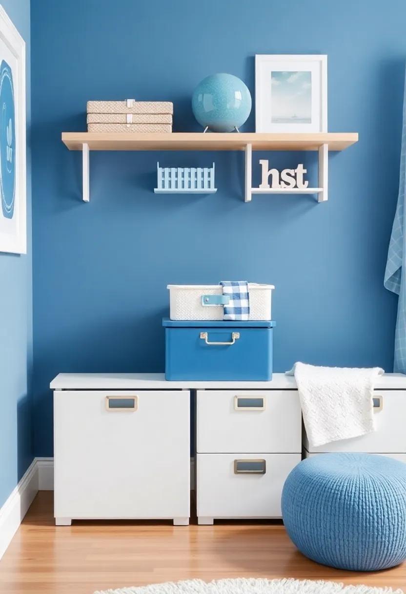 Integrate Blue Themes in Storage: Choose decorative storage boxes or bins in shades of blue to keep the nursery organized and stylish
