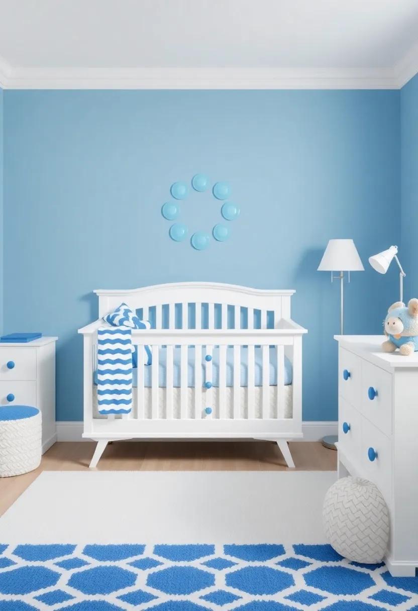 Opt for Blue Accents in Furniture: Choose white furniture pieces like cribs and dressers and add blue knobs or accents for a color pop