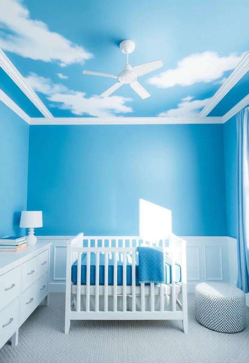 Opt for Painting: Paint the ceiling a soft blue to create the illusion of sky, adding depth and charm to the nursery