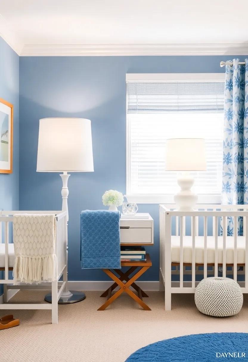 Showcase Soft Lighting: Use white lampshades with blue accents for warm, soothing light, ideal for night-time feeds