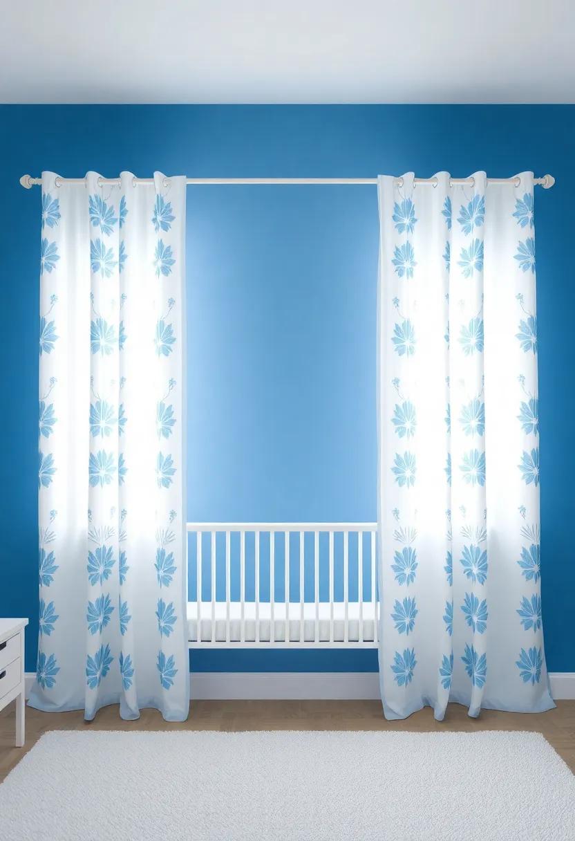Use Blue Curtains: Select flowy white curtains with subtle blue patterns to add softness and allow natural light into the room