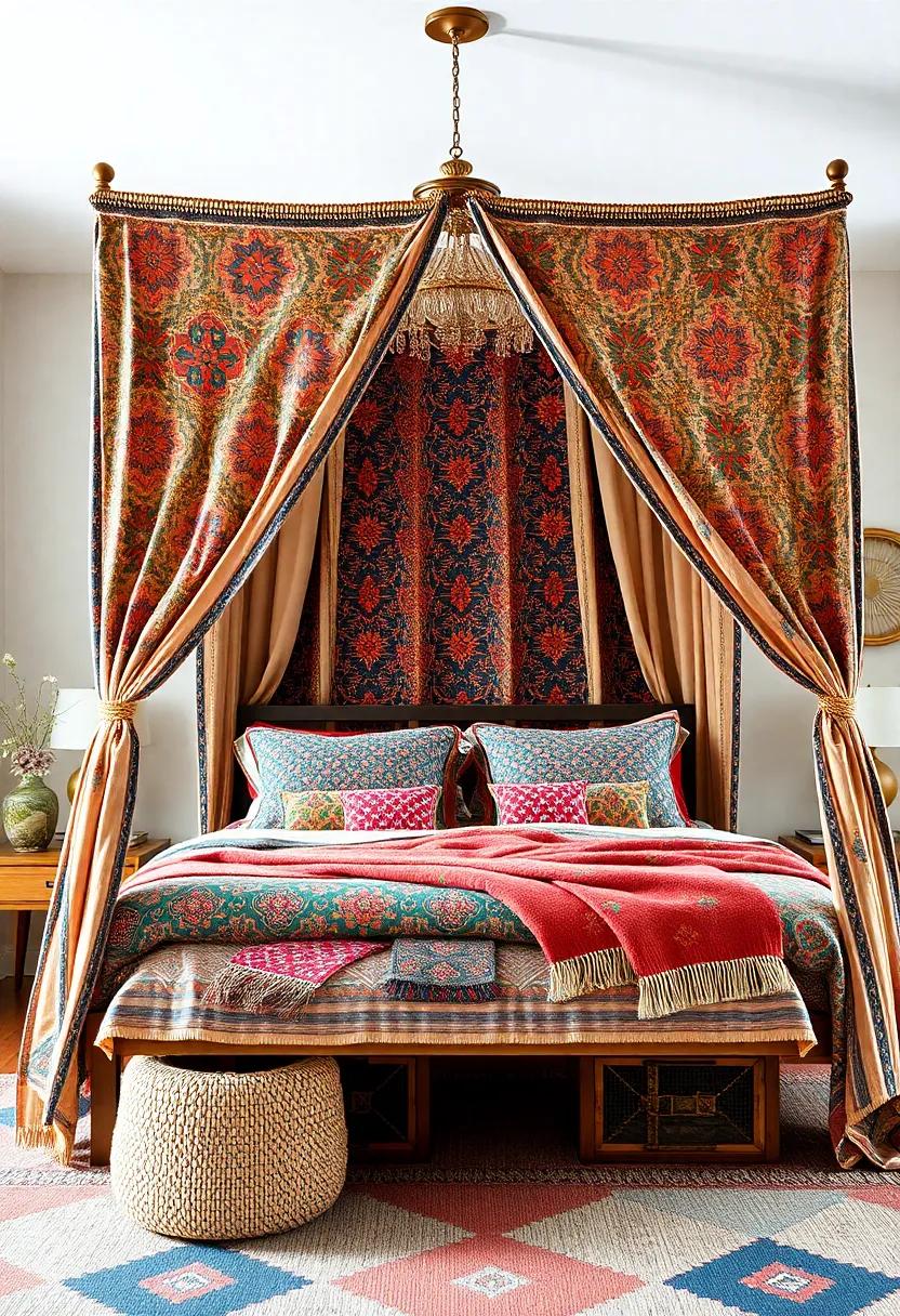 Celebrate eclectic ⁤layering with a ​boldly patterned canopy bed ‍dressed in⁢ mismatched but ​harmonious‍ textiles for a vibrant,‌ bohemian⁢ vibe