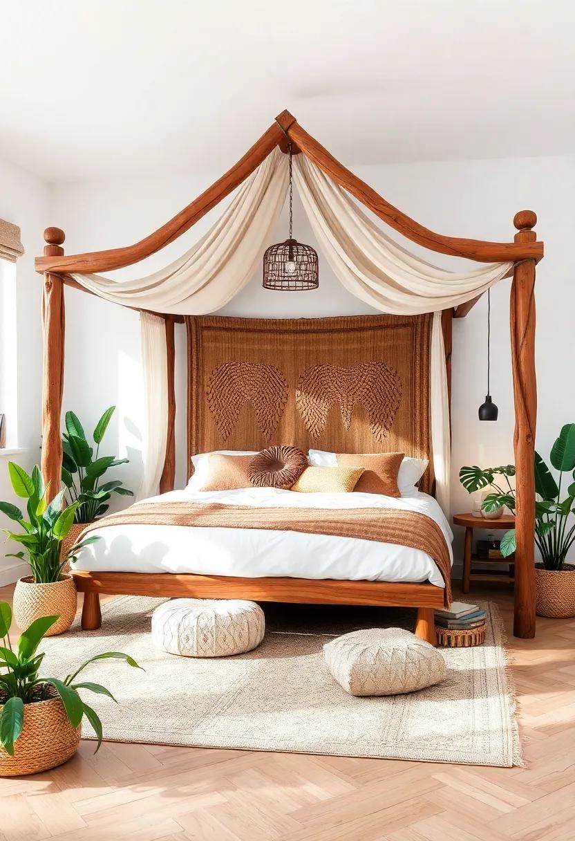 Create a ⁤sanctuary ‌with an oversized, rustic wooden ​canopy bed ‍featuring a tapestry of earth tones, surrounded‌ by plants​ that⁤ breathe life into the space
