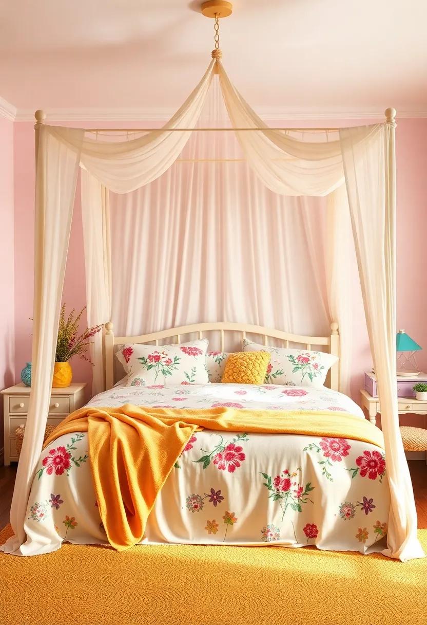 Create a playful atmosphere with a⁢ canopy ‌bed⁢ styled with​ whimsical prints and‌ bright colors, perfect for inspiring creativity‌ and joy in the bedroom