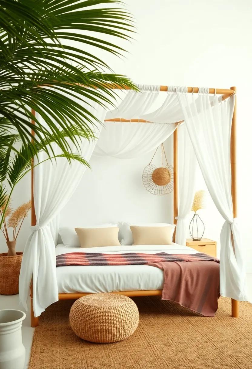 Dive into a tropical paradise with a bamboo canopy ‍bed adorned with billowing fabric and palm-inspired ​decor that transports you to a serene getaway